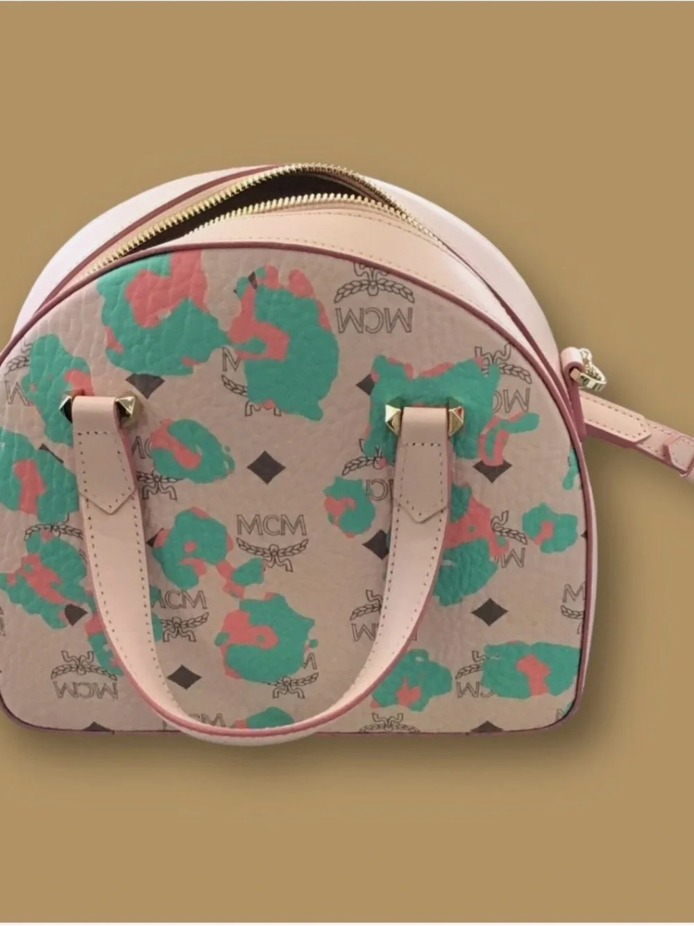 MCM Mini Aren Half Moon Pink Floral Leopard Tote Bag Crossbody
